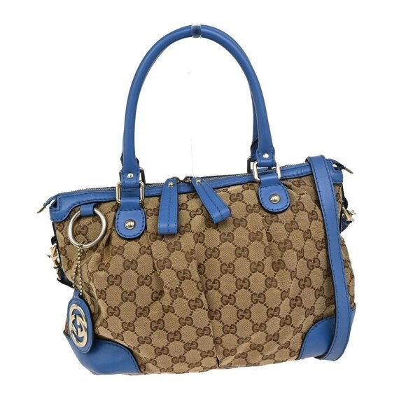 GUCCI GG Pattern Sukey 2Way Shoulder Hand Bag Canvas Leather Brown Blue 86EF497 - Picture 1 of 16